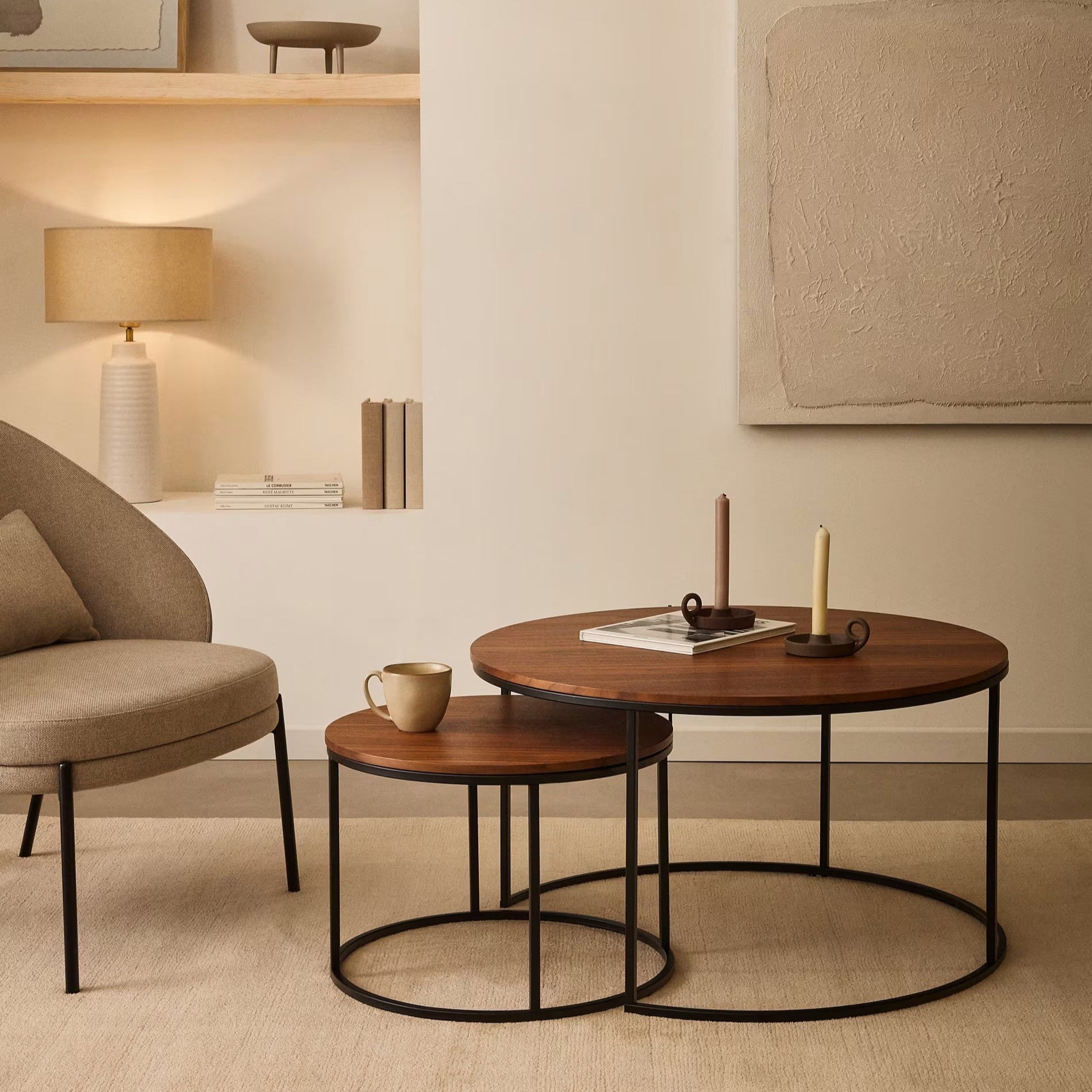 Fold set of 2 round nesting side tables with oak wood veneer and painted metal structure FCT5-BB