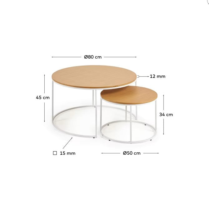 Fold set of 2 round nesting side tables with oak wood veneer and painted metal structure FCT5-WN