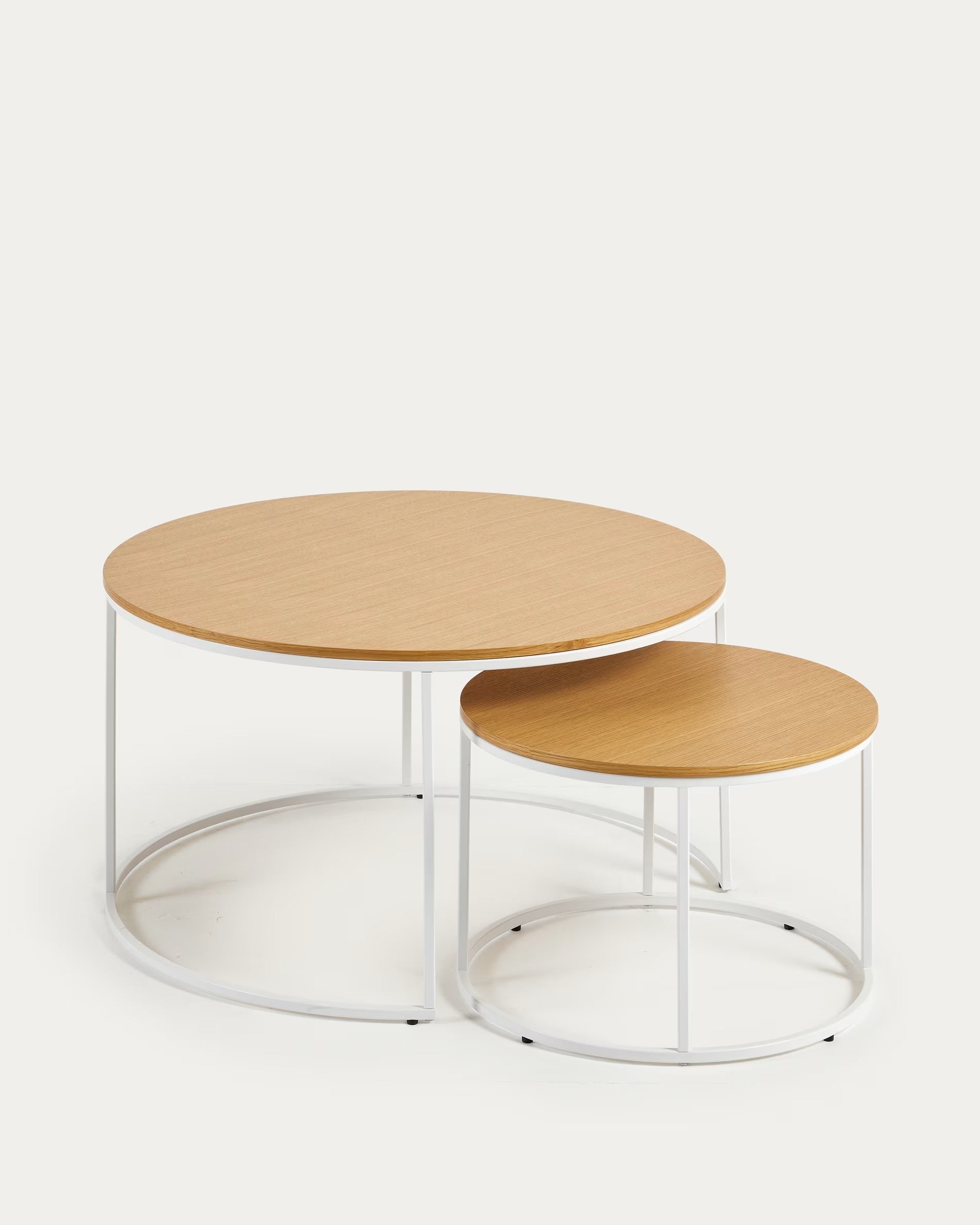 Fold set of 2 round nesting side tables with oak wood veneer and painted metal structure FCT5-WN