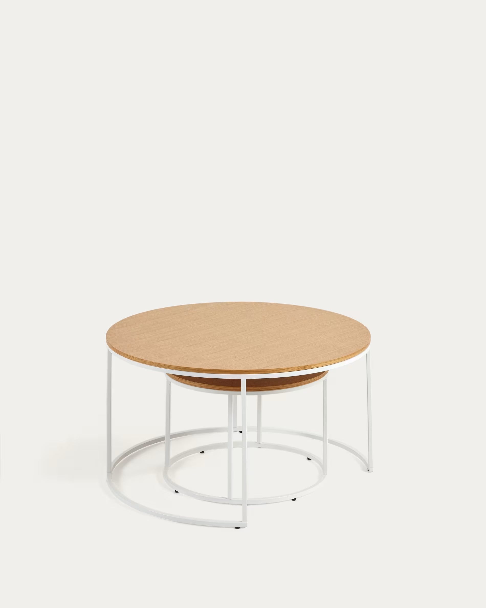 Fold set of 2 round nesting side tables with oak wood veneer and painted metal structure FCT5-WN