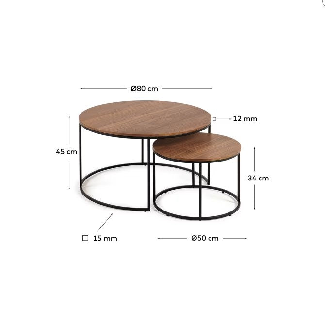 Fold set of 2 round nesting side tables with oak wood veneer and painted metal structure FCT5-BB