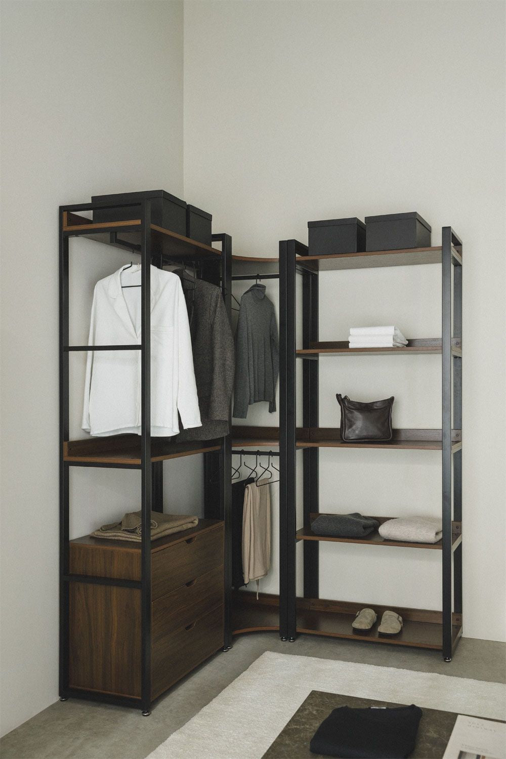 Urban Open Corner Modular Wardrobe with 3 Pieces and Drawers in Steel and Wood