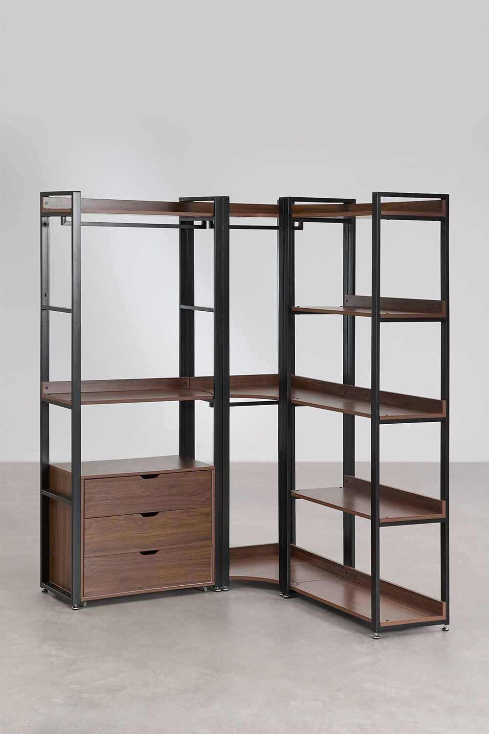 Urban Open Corner Modular Wardrobe with 3 Pieces and Drawers in Steel and Wood