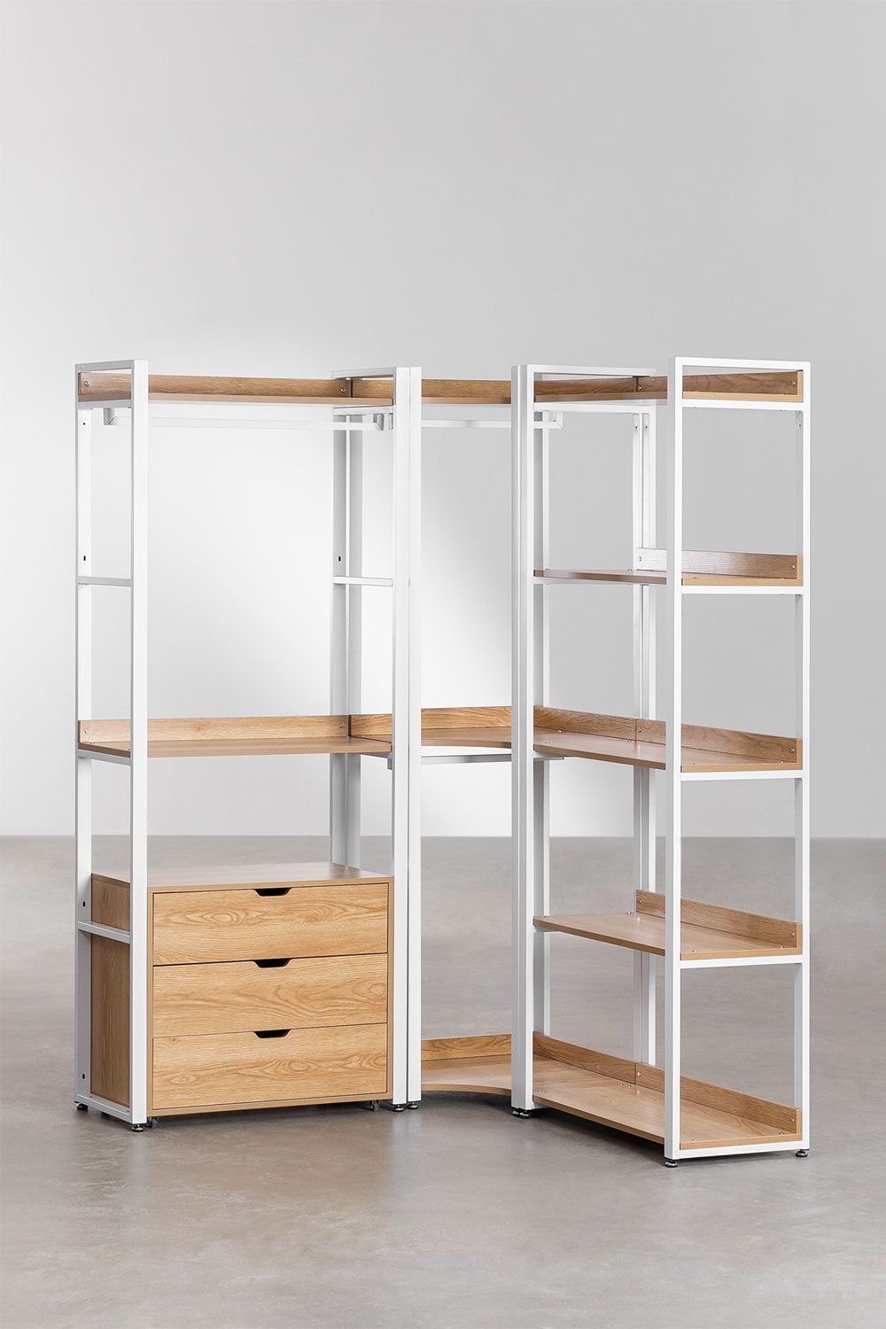 Urban Open Corner Modular Wardrobe with 3 Pieces and Drawers in Steel and Wood