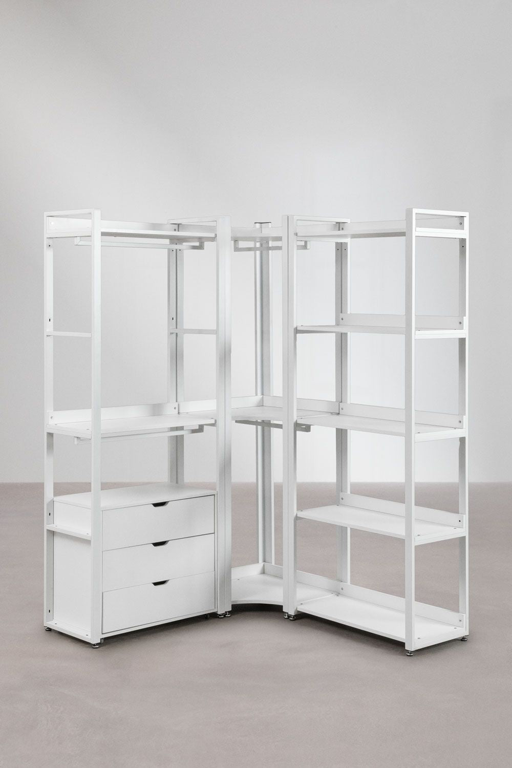 Urban Open Corner Modular Wardrobe with 3 Pieces and Drawers in Steel and Wood