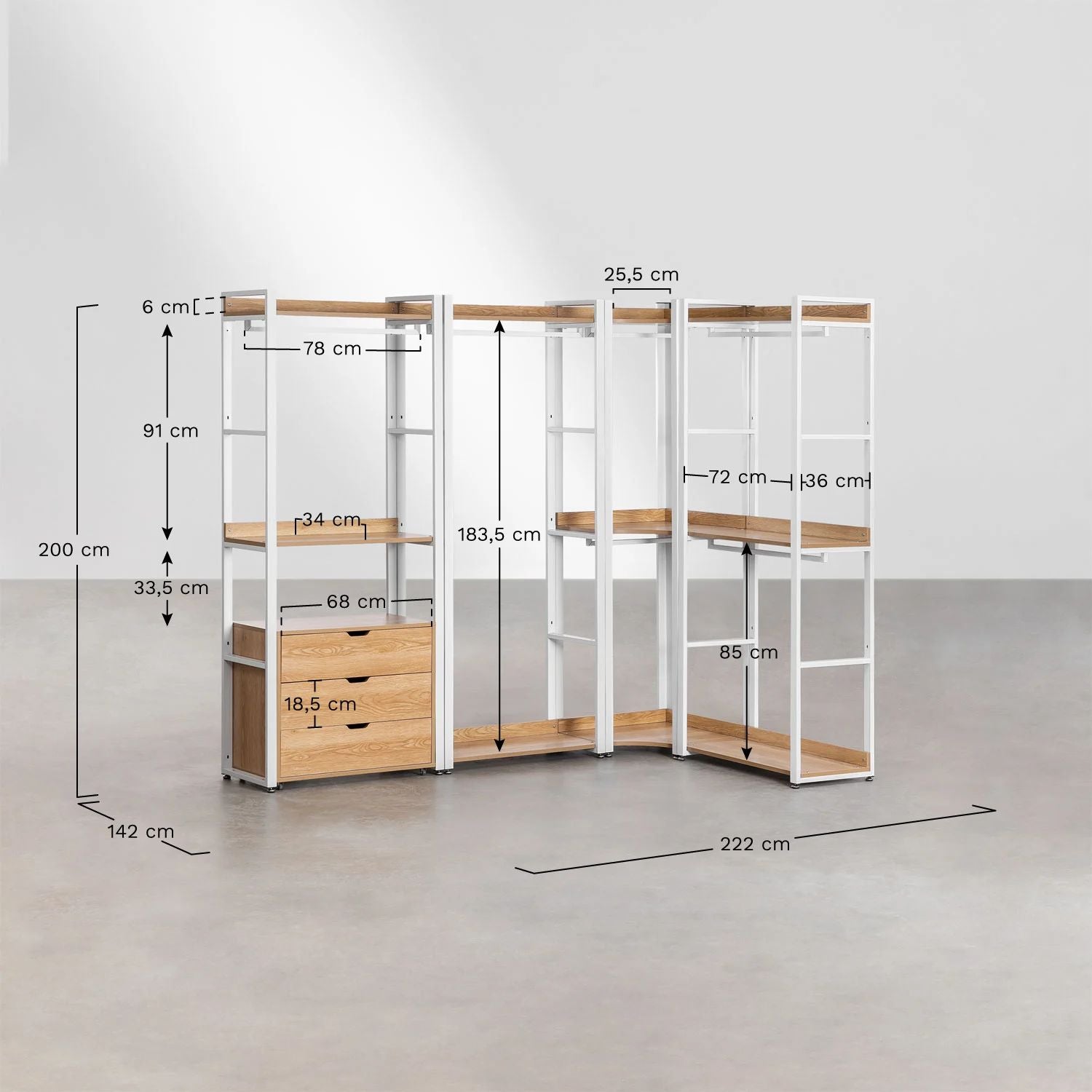 Urban Open Corner Modular Wardrobe with 4 Pieces in Steel and Wood