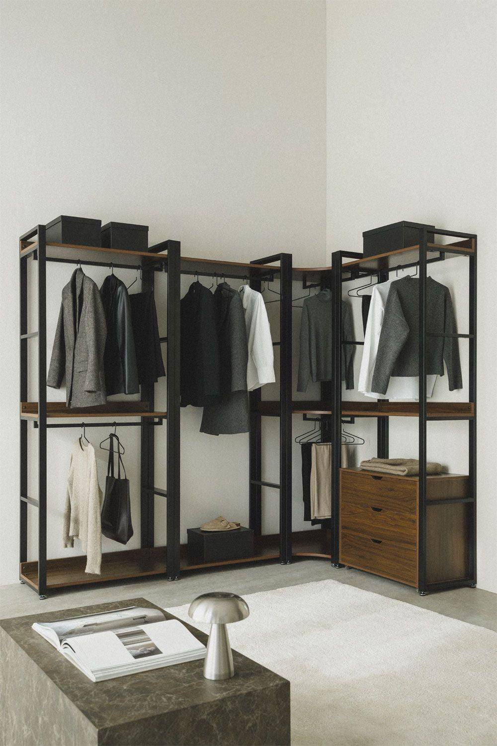 Urban Open Corner Modular Wardrobe with 4 Pieces in Steel and Wood