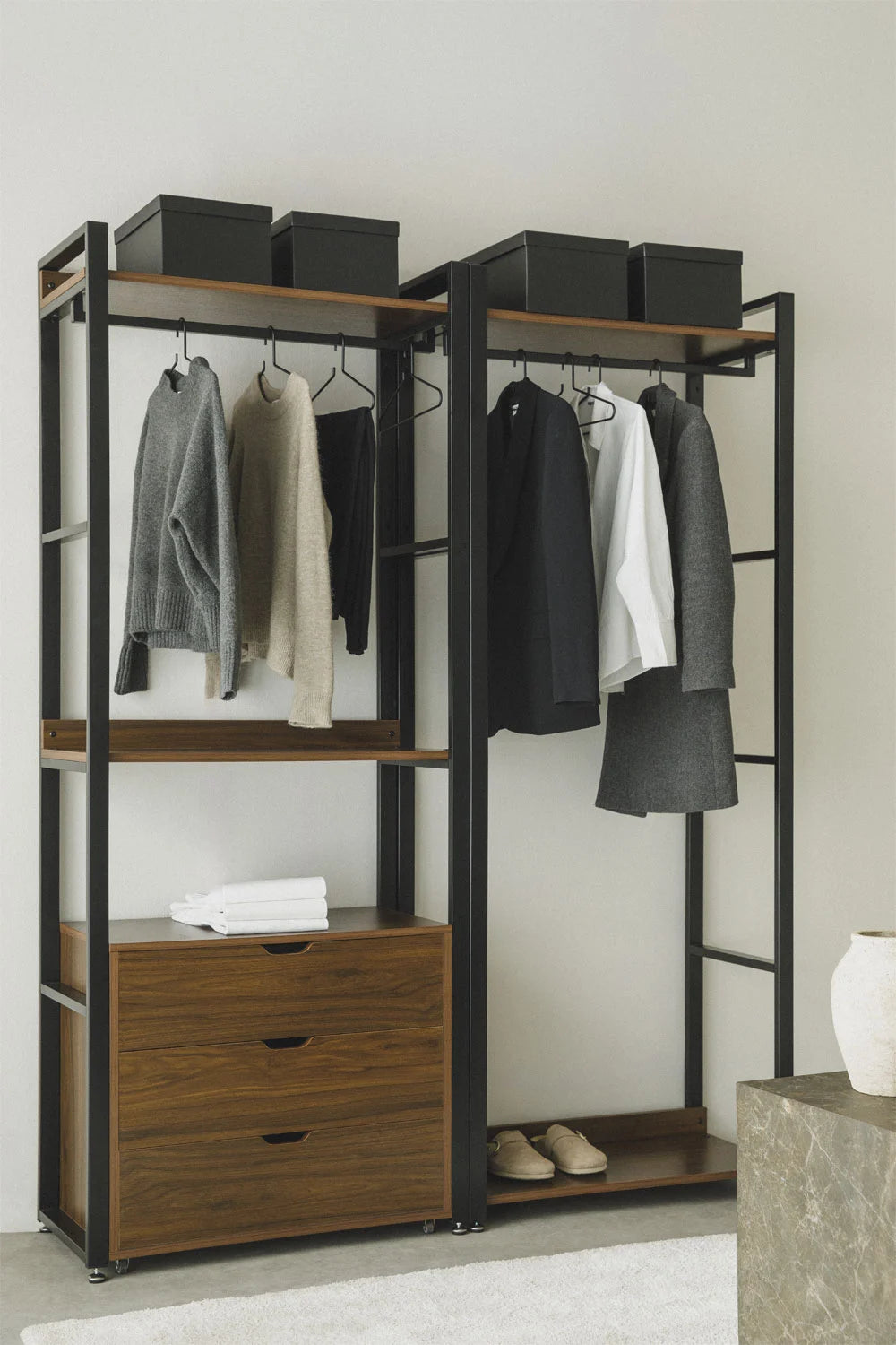 Urban Open Modular Wardrobe 2-Piece with Clothes Rack and Drawers in Steel and Wood-USR9