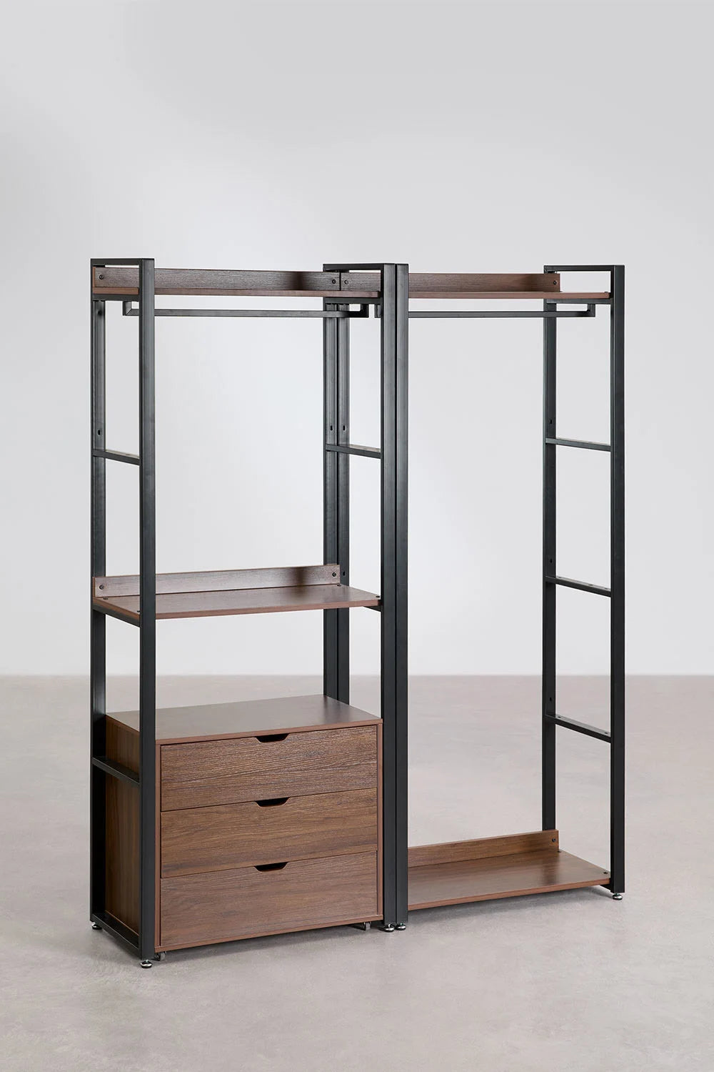Urban Open Modular Wardrobe 2-Piece with Clothes Rack and Drawers in Steel and Wood-USR9