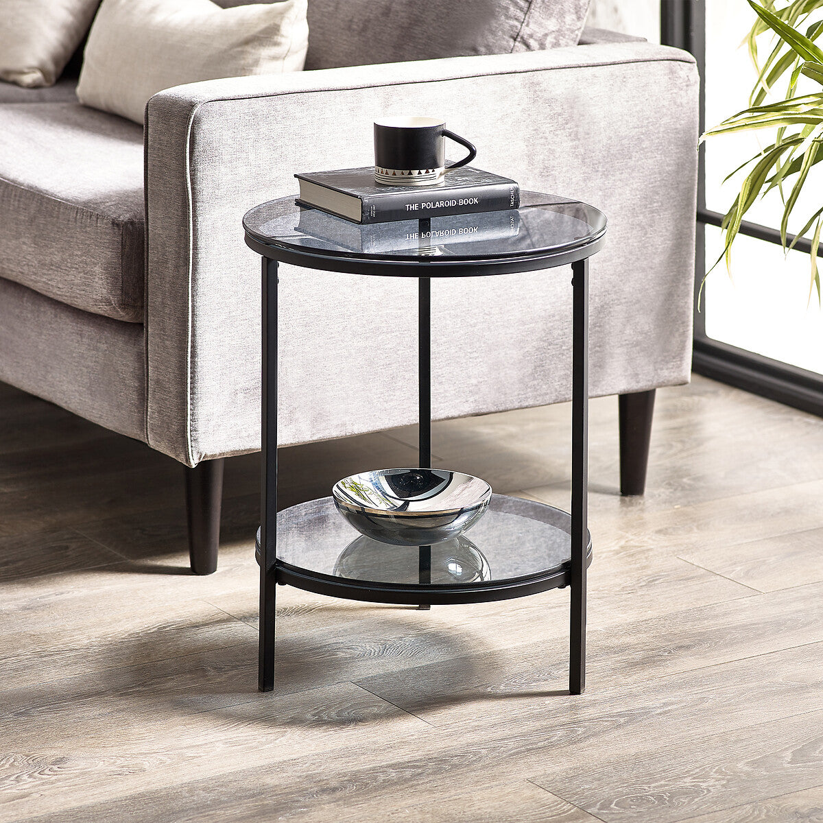 Drift Smoked Glass Round Side Table with Shelf