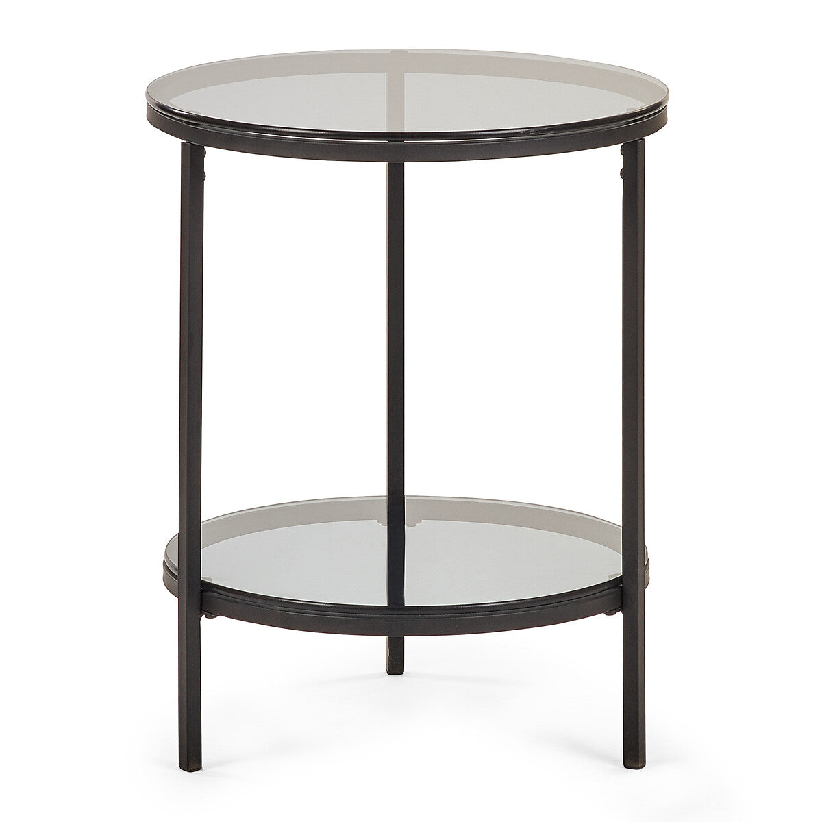 Drift Smoked Glass Round Side Table with Shelf