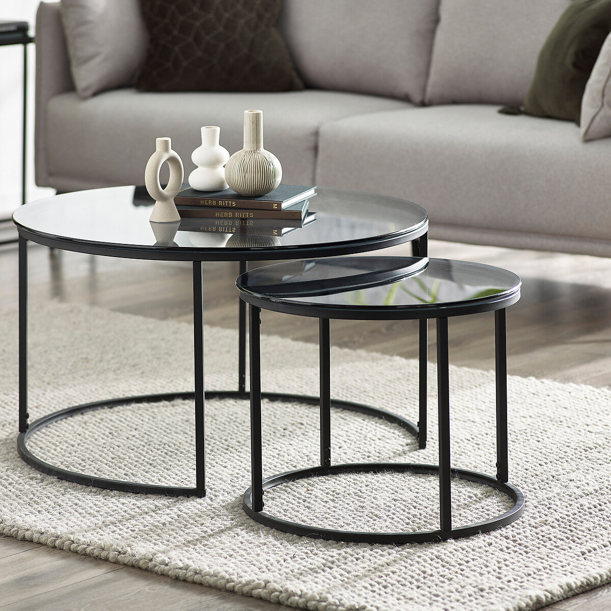 Drift Smoked Glass Round Coffee Table Nest (Set of 2)