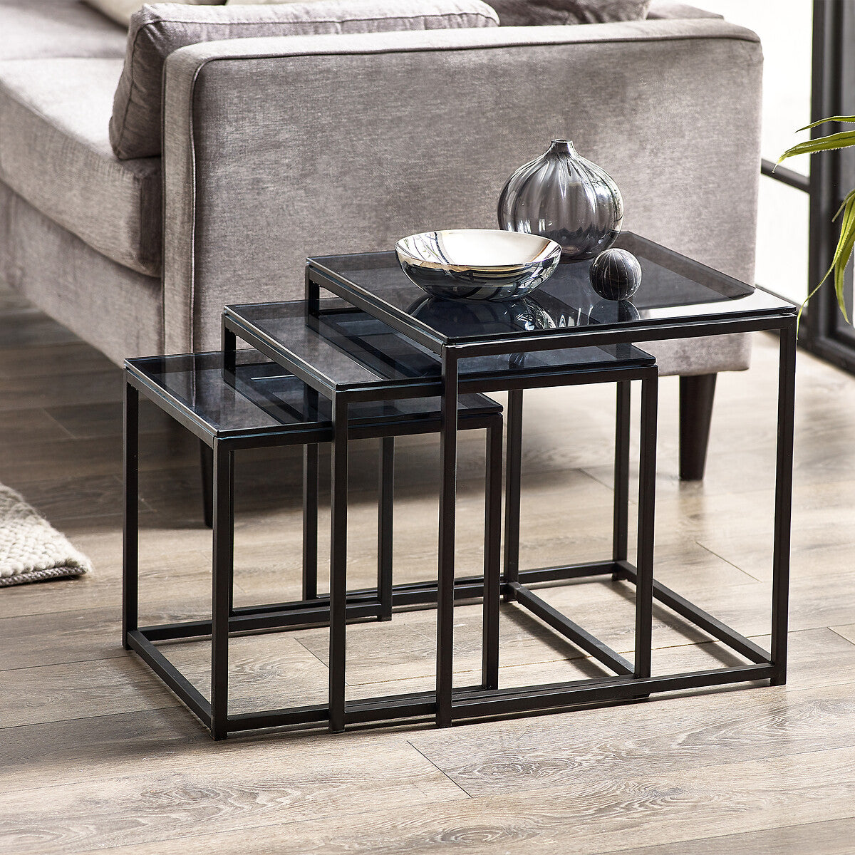 Drift Smoked Glass Side Table Nest (Set of 3)