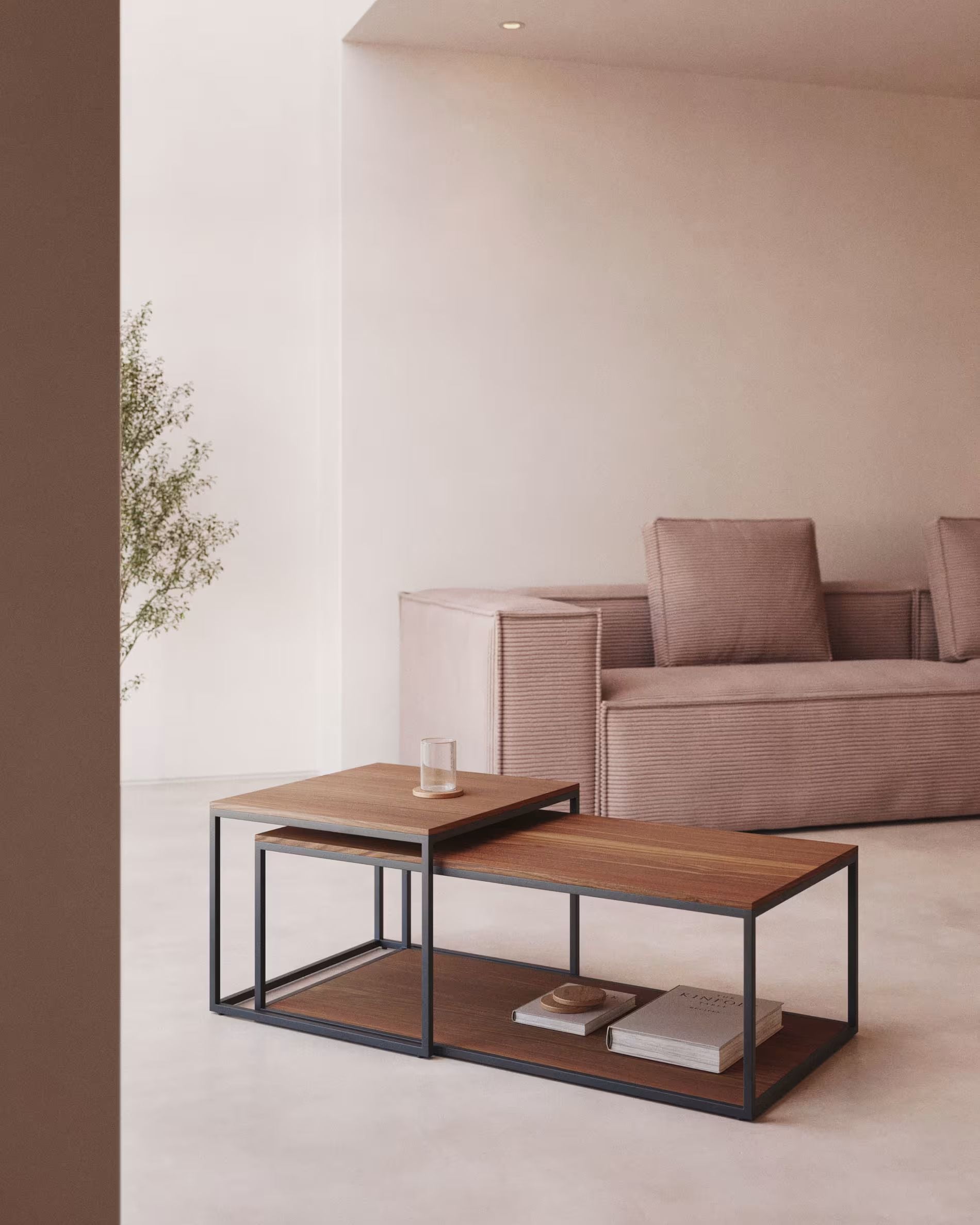 Fold set of 2 nesting coffee tables with walnut veneer and painted metal structure FCT3-BB