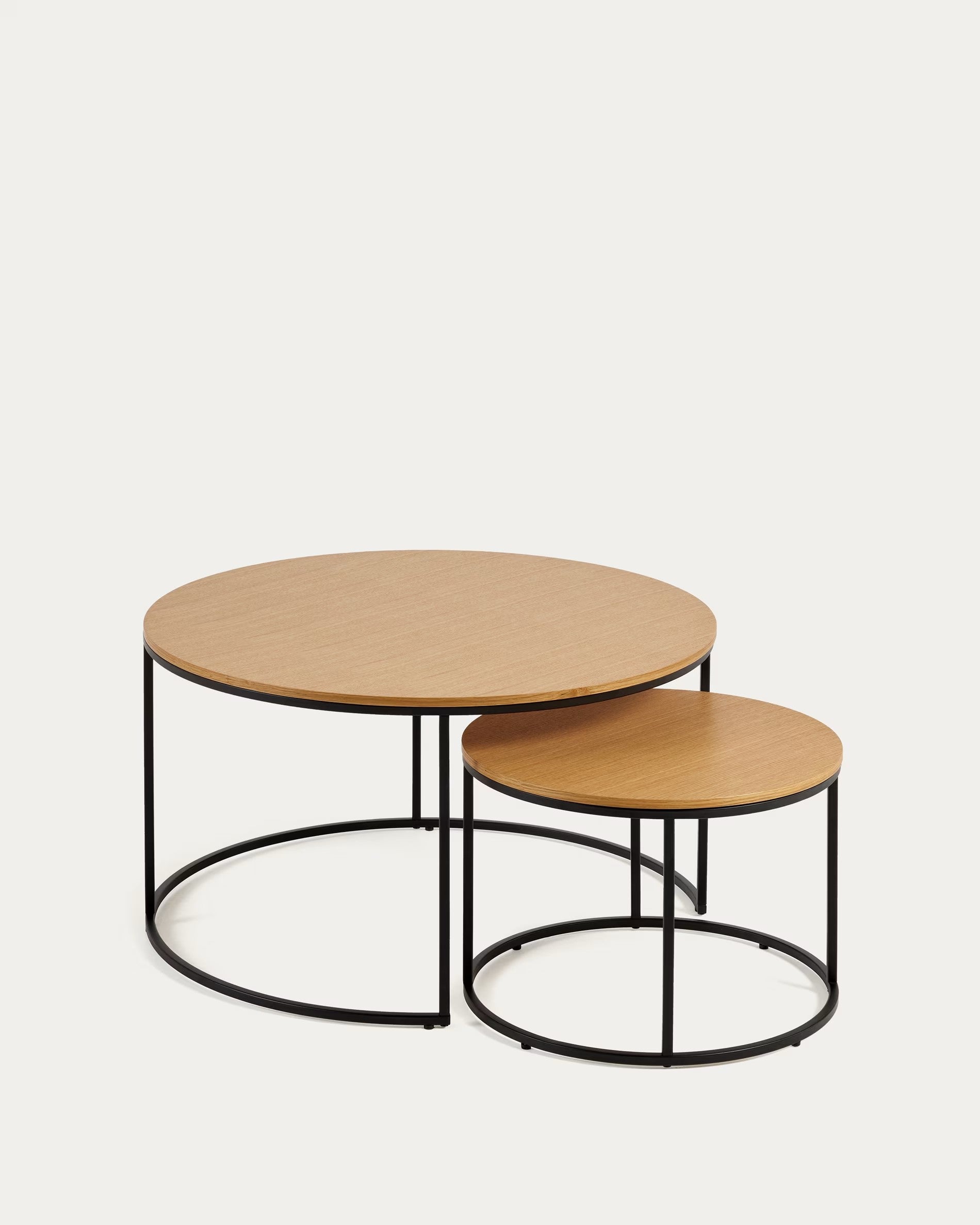 Fold set of 2 round nesting side tables with oak wood veneer and painted metal structure FCT5-BN