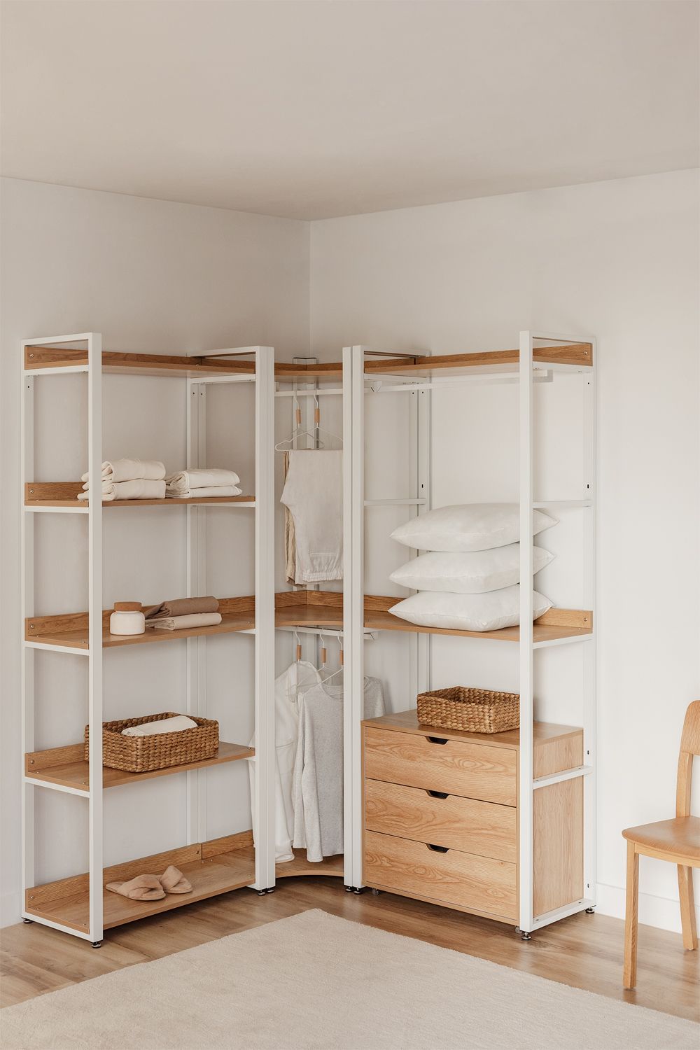 Urban Open Corner Modular Wardrobe with 3 Pieces and Drawers in Steel and Wood