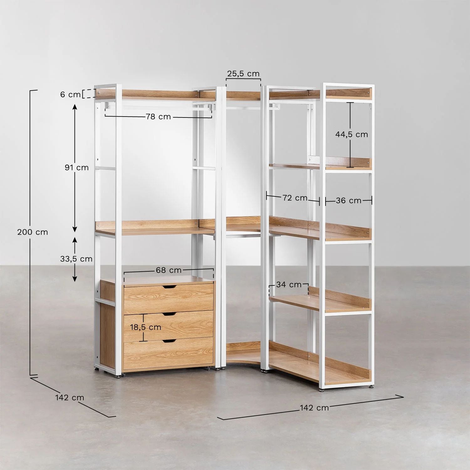 Urban Open Modular Wardrobe with 3 Pieces and Drawers in Steel and Wood