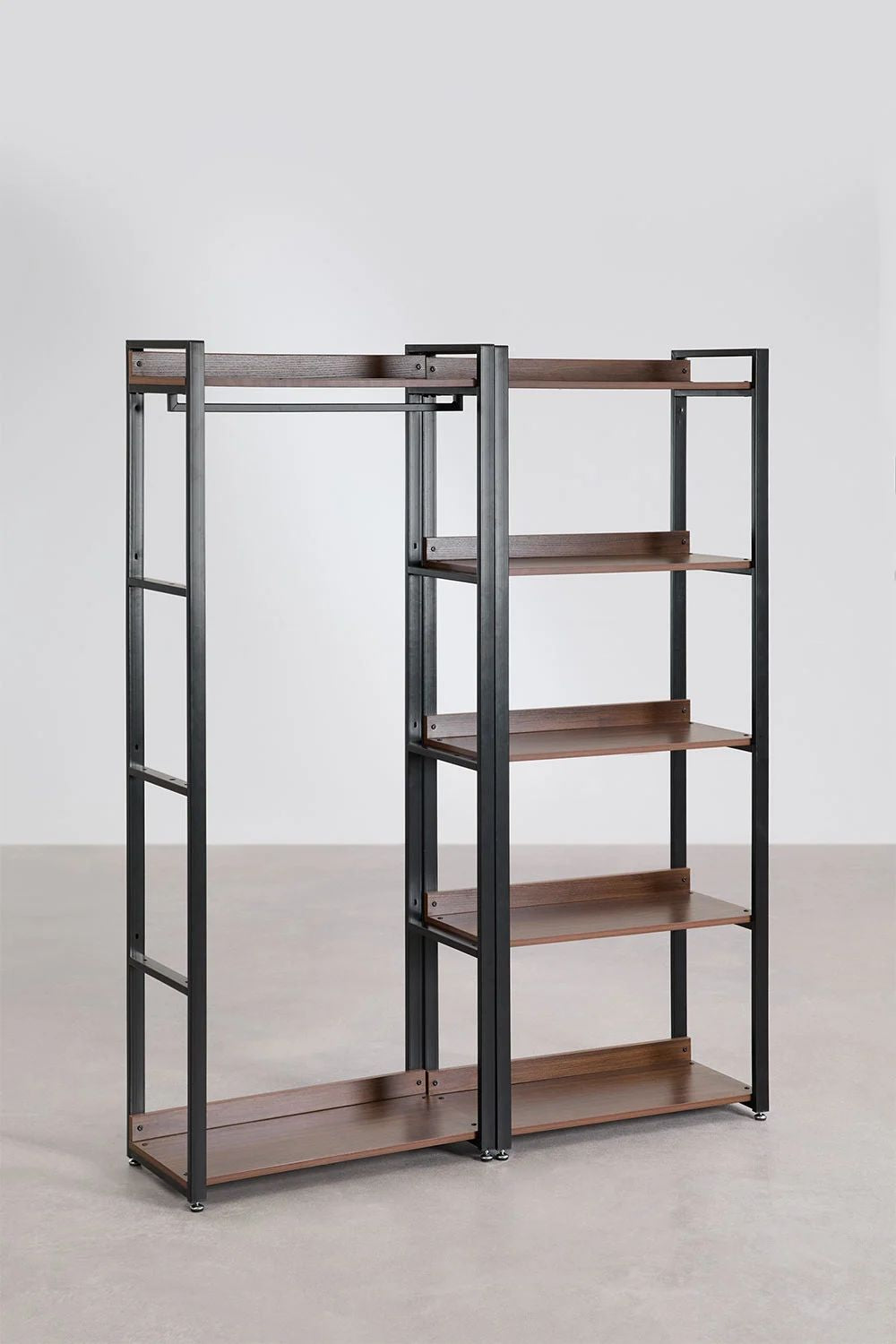 Urban Open Modular Wardrobe 2-Piece with Clothes Rack and Shelf in Steel and Wood