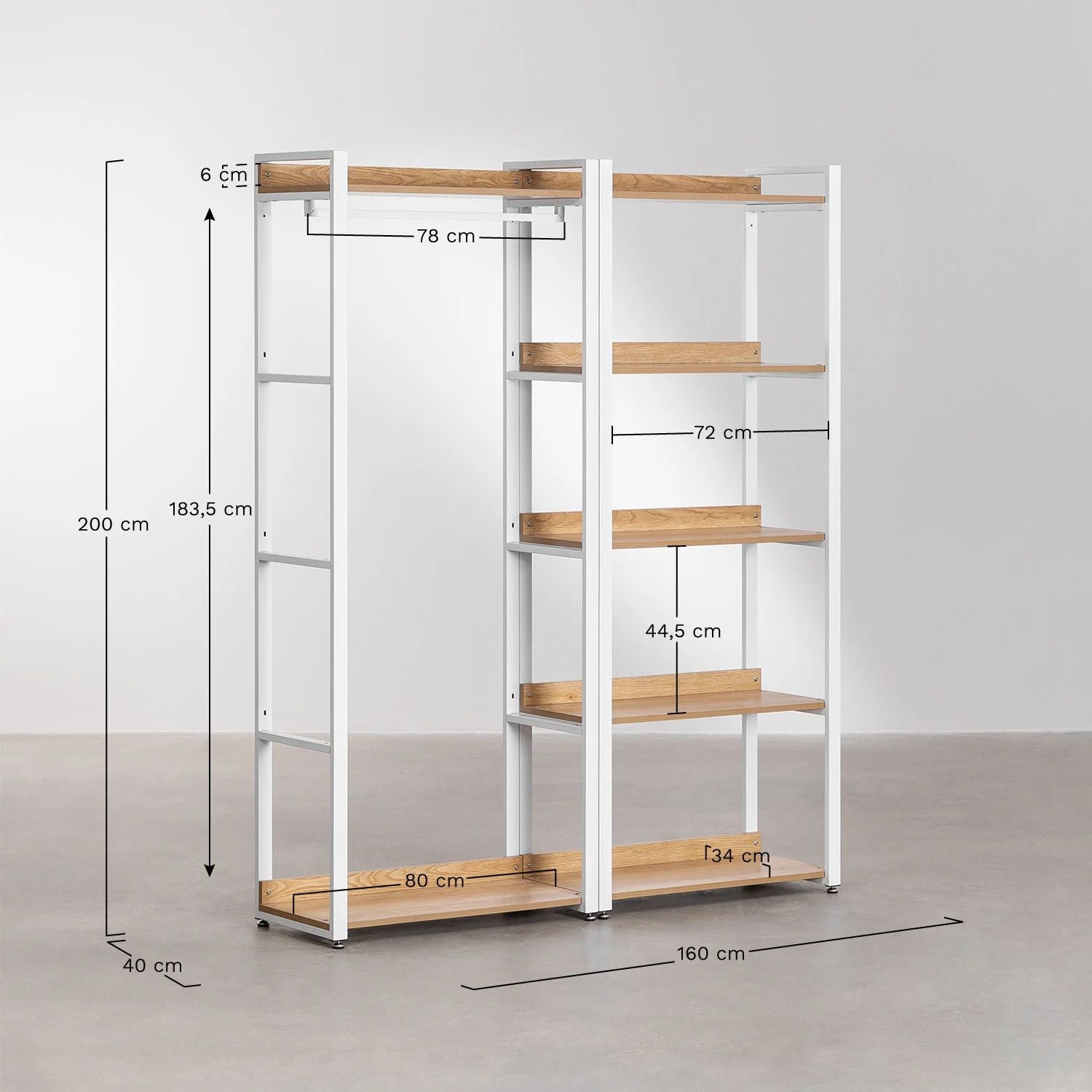 Urban Open Modular Wardrobe 2-Piece with Clothes Rack and Shelf in Steel and Wood