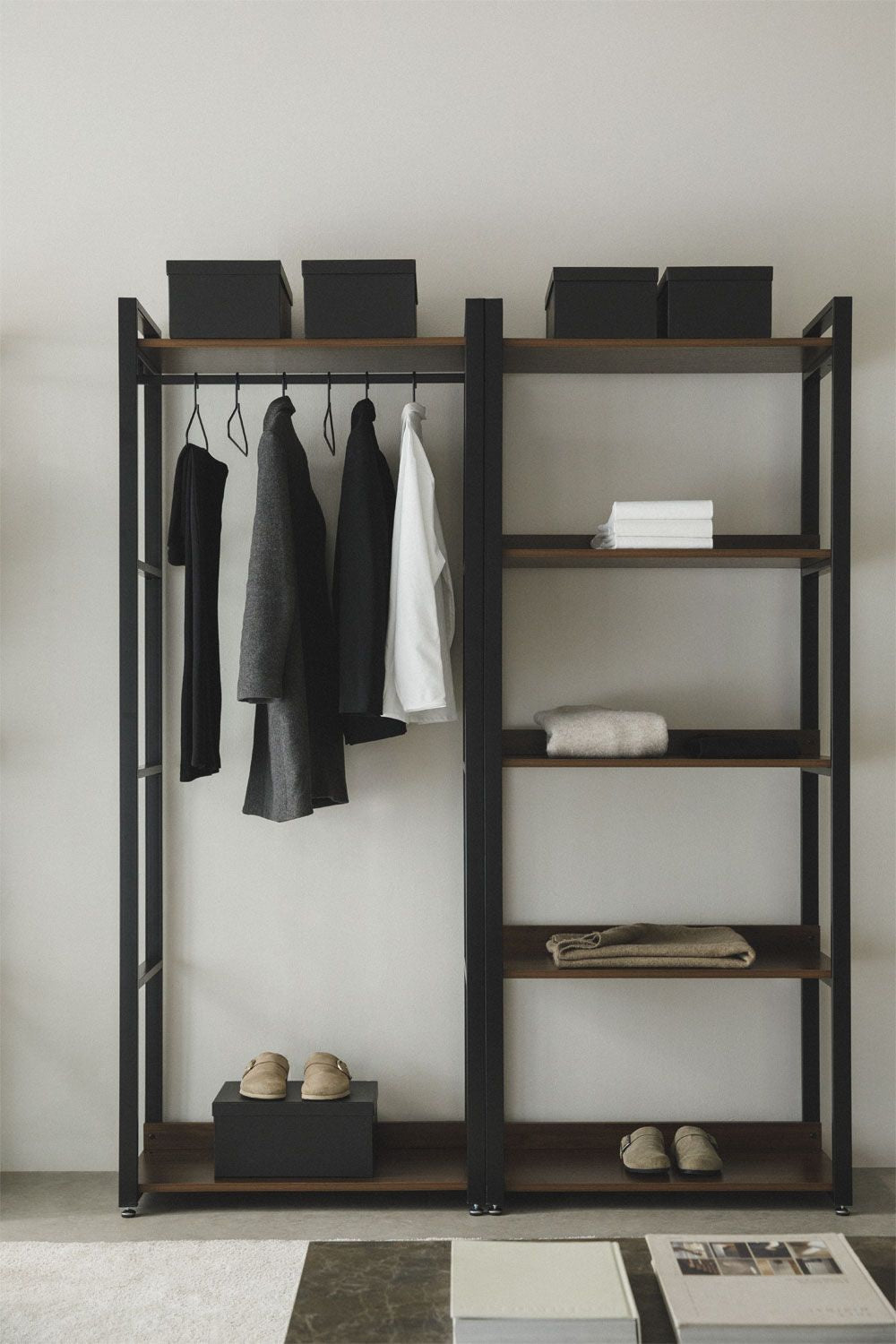 Urban Open Modular Wardrobe 2-Piece with Clothes Rack and Shelf in Steel and Wood