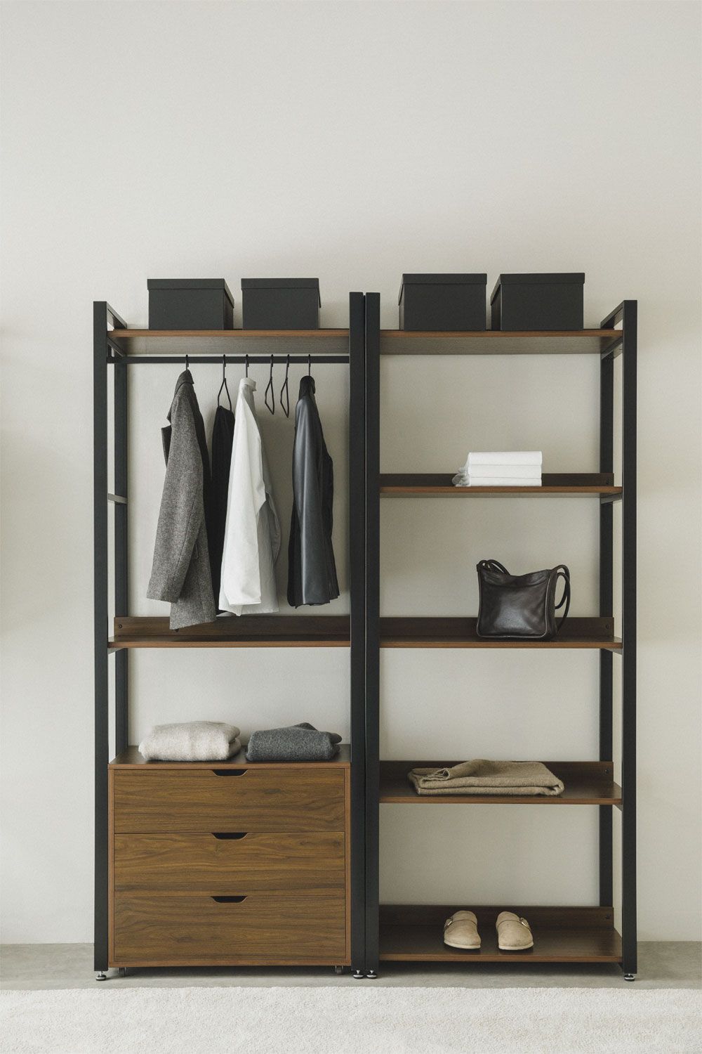Urban Open Modular Wardrobe 2-Piece with Clothes Rack and Drawers in Steel and Wood