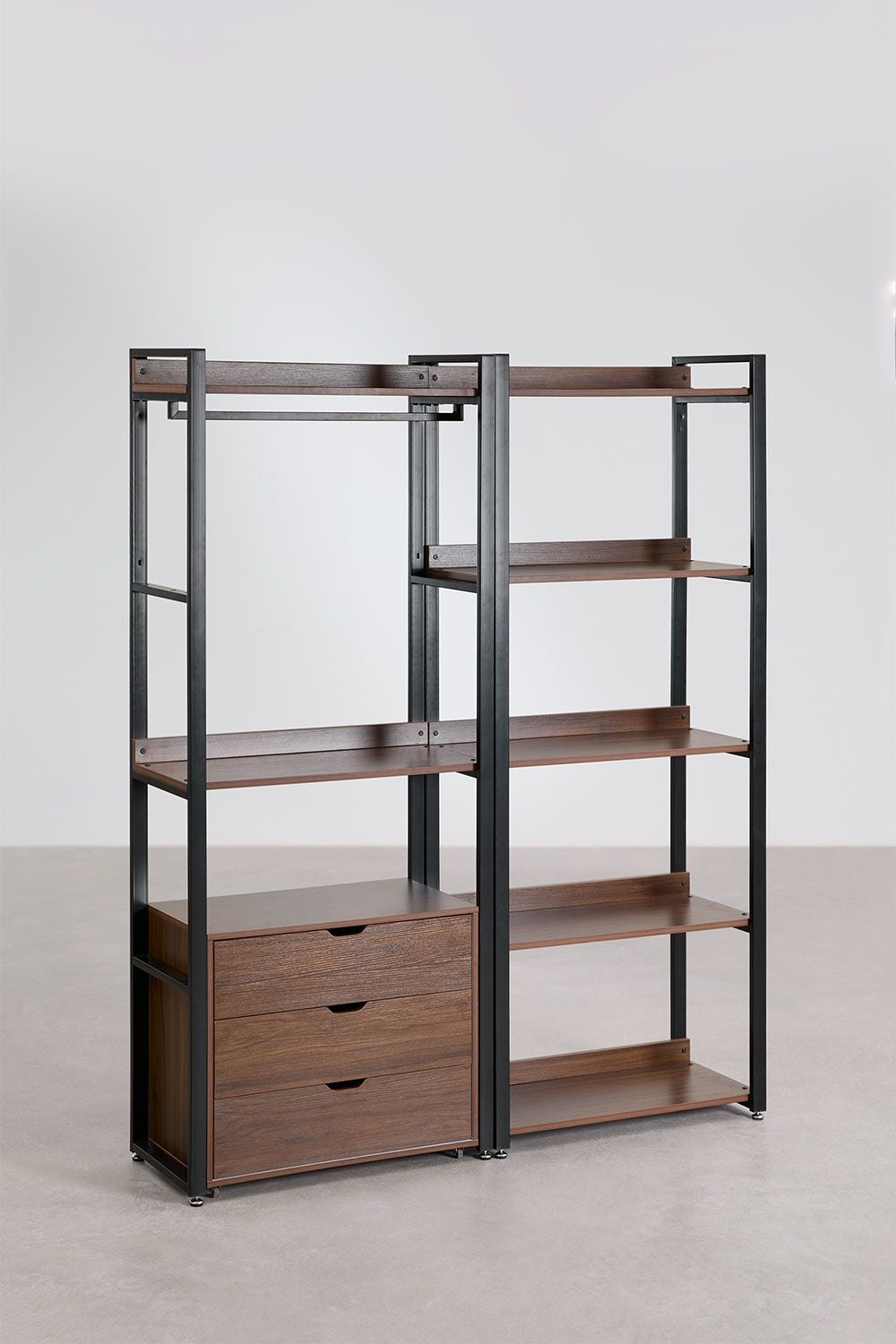 Urban Open Modular Wardrobe 2-Piece with Clothes Rack and Drawers in Steel and Wood