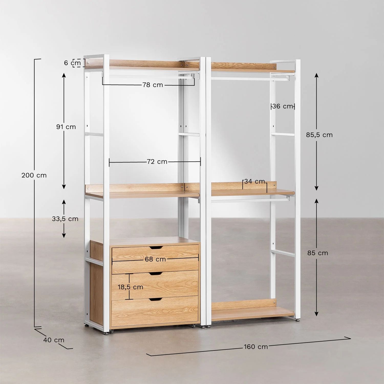 Urban Open Modular Wardrobe 2-Piece with Steel and Wood Drawers