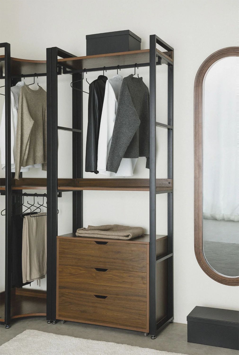Urban Open Wardrobe with Steel and Wood Drawers