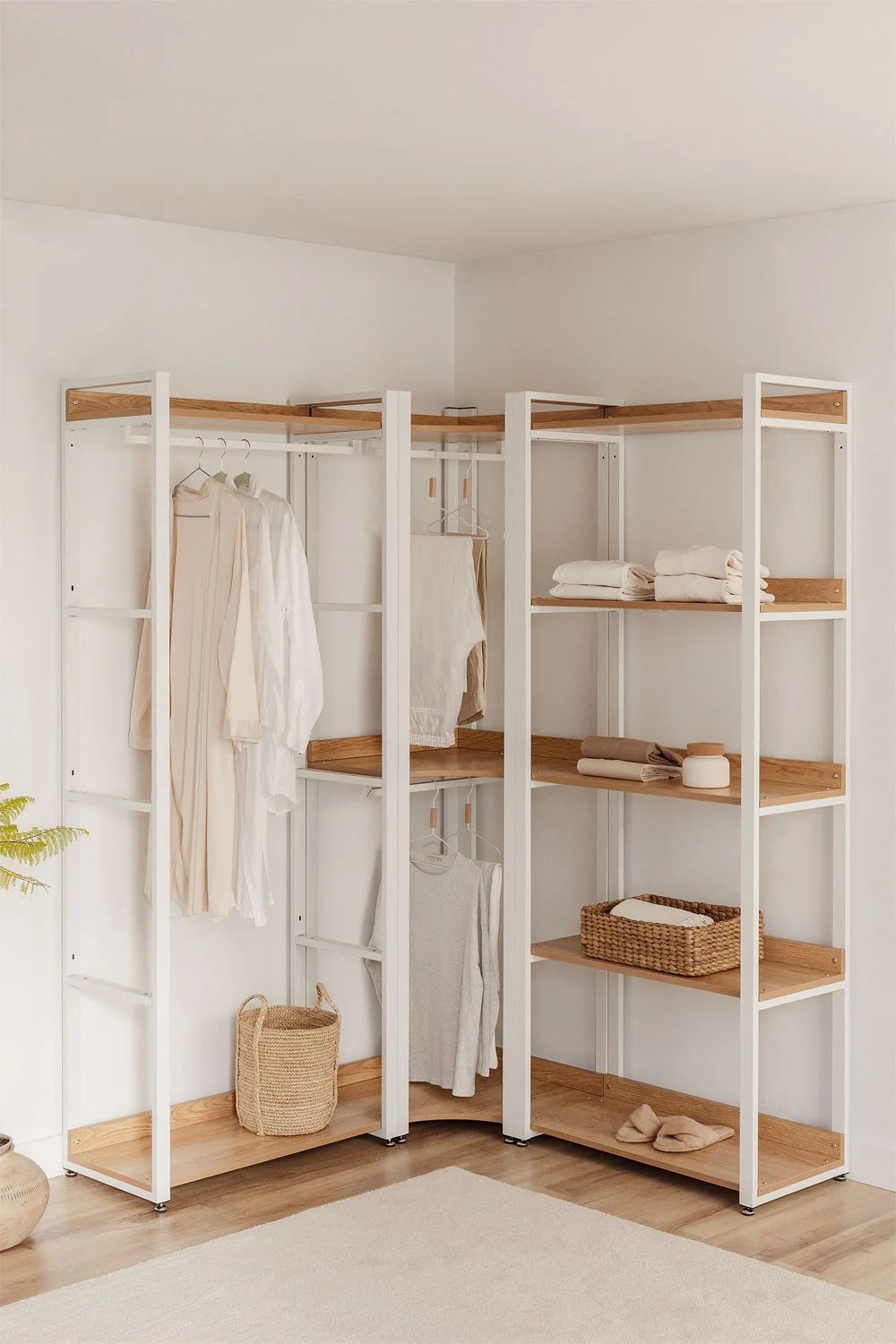 Urban Open Corner Modular Wardrobe 3-Piece with Steel and Wood Clothes Rack