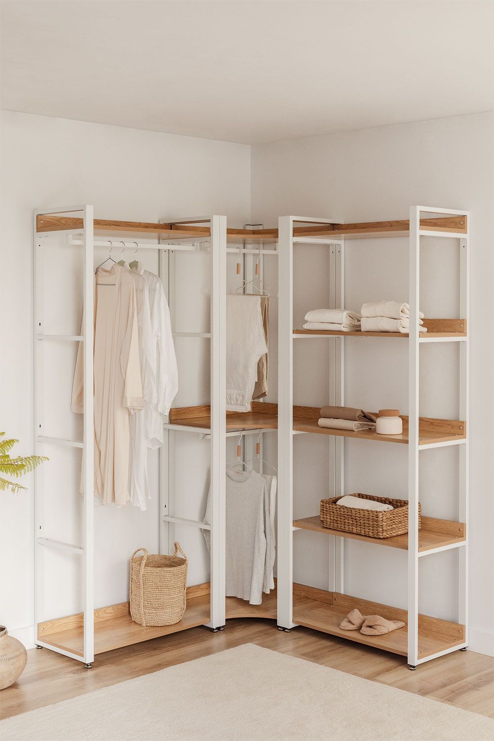 Urban Open Corner Modular Wardrobe 3-Piece with Steel and Wood Clothes Rack