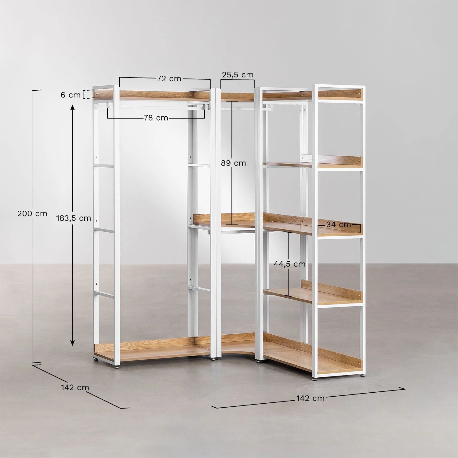 Urban Open Corner Modular Wardrobe 3-Piece with Steel and Wood Clothes Rack