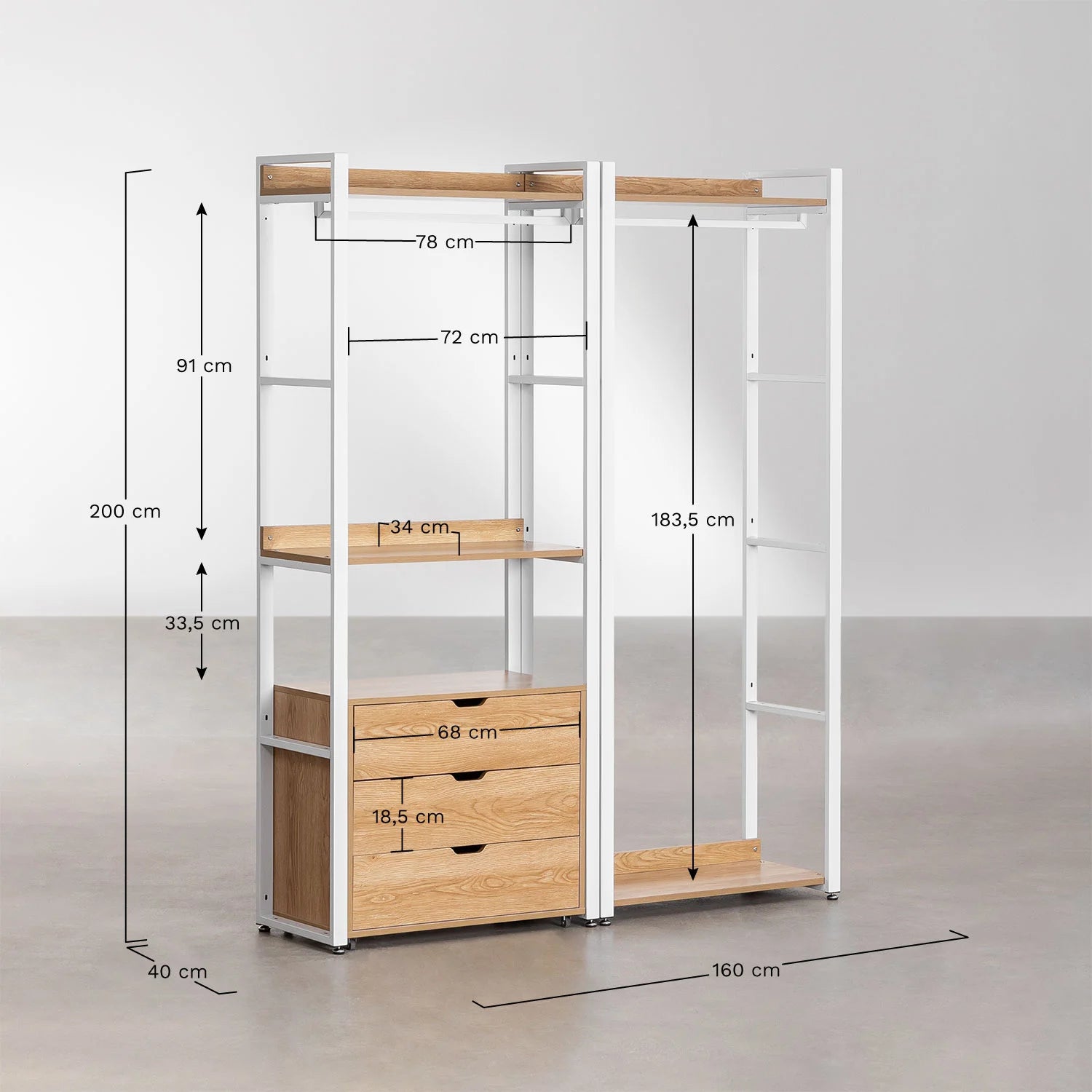 Urban Open Modular Wardrobe 2-Piece with Clothes Rack and Drawers in Steel and Wood-USR9