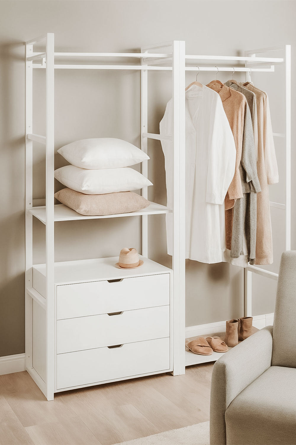 Urban Open Modular Wardrobe 2-Piece with Clothes Rack and Drawers in Steel and Wood-USR9