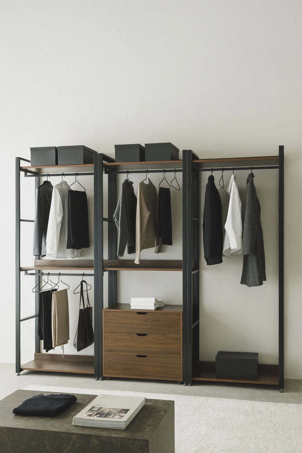 Urban Open Modular Wardrobe with 3 Pieces and Drawers in Steel and Wood-USR12