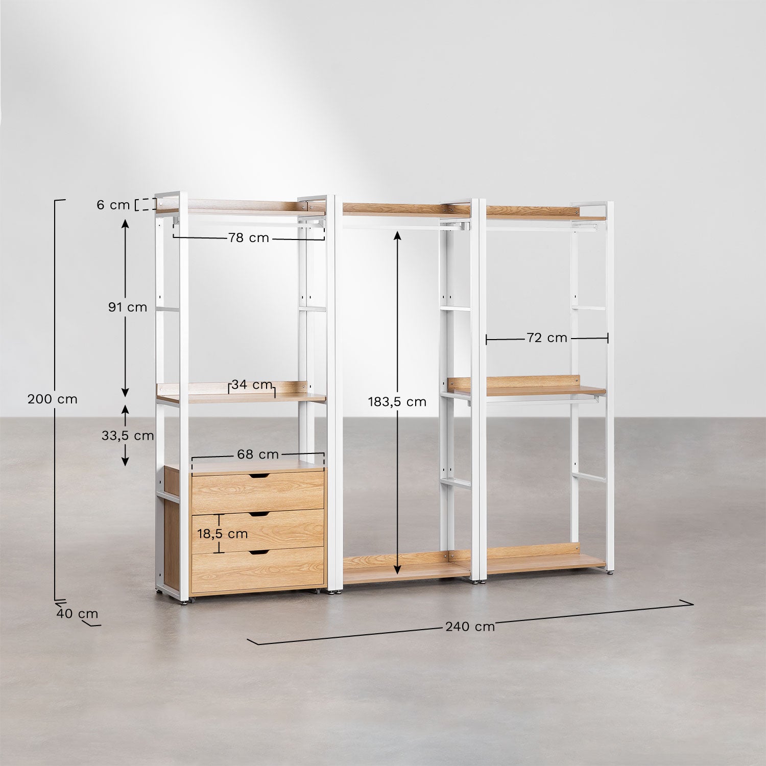 Urban Open Modular Wardrobe with 3 Pieces and Drawers in Steel and Wood-USR12