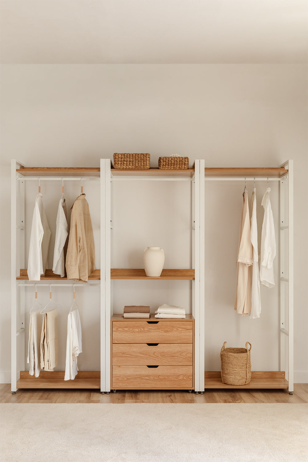 Urban Open Modular Wardrobe with 3 Pieces and Drawers in Steel and Wood-USR12